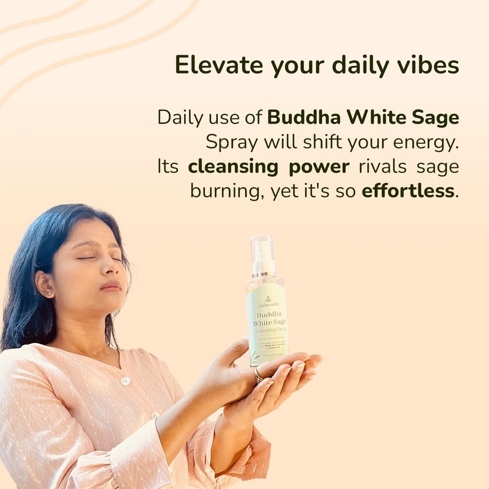 Close-up of Buddha White Sage Spray label highlighting ingredients and 0% alcohol