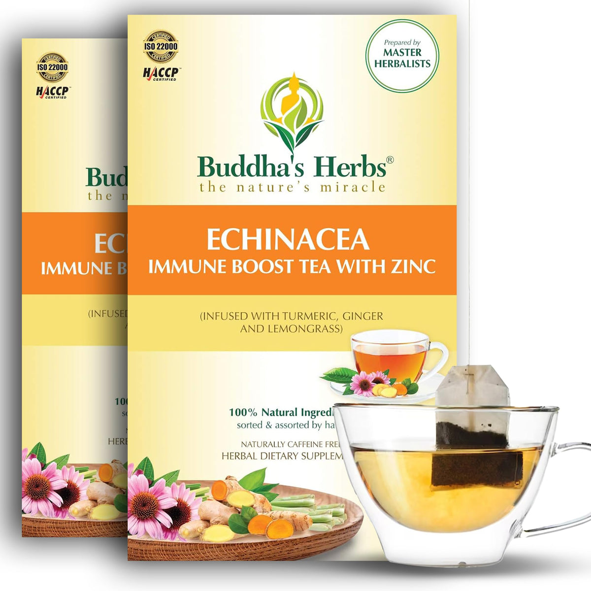 Front view of Buddha's Herbs Echinacea Tea 2-pack with 44 tea bags