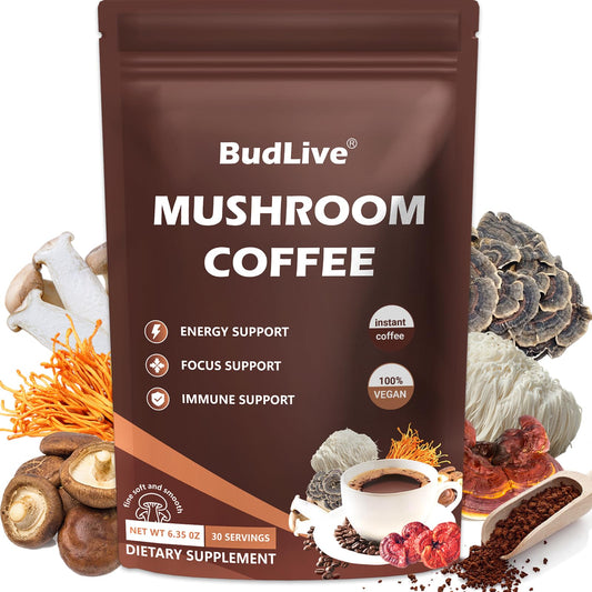 BudLive Mushroom Coffee with six-mushroom blend: Lion's Mane, Reishi, Cordyceps, Turkey Tail, King Trumpet, Shiitake