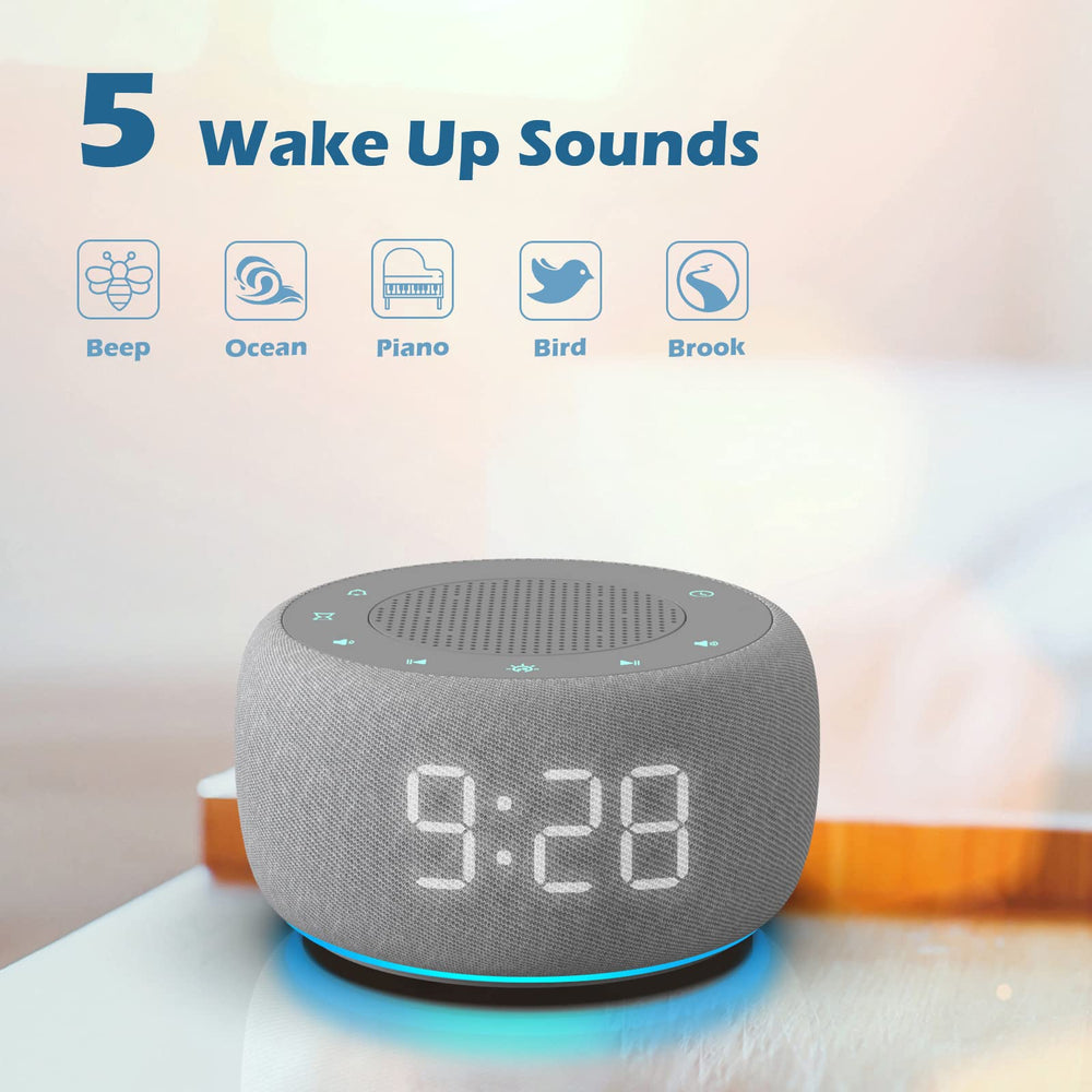 Buffbee digital alarm clock display with five wake sounds for gentle mornings
