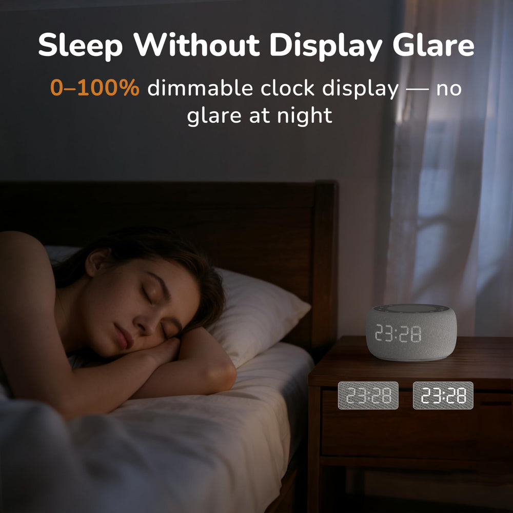 Buffbee digital alarm clock display with five wake sounds for gentle mornings