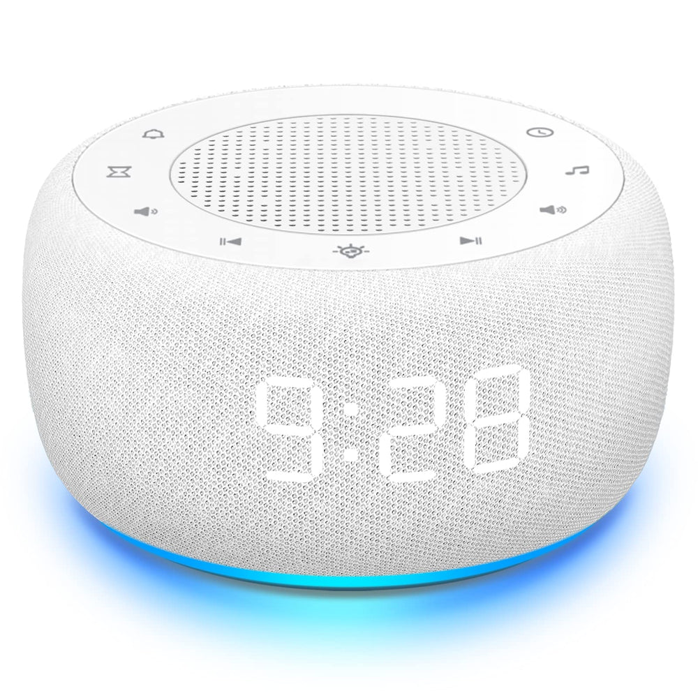 Buffbee Sound Machine 2-in-1 front view showing clock and speaker for better sleep.