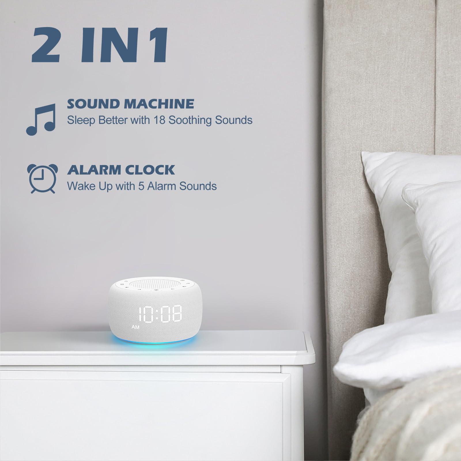 Buffbee 2-in-1 clock side view for compact bedside setup.