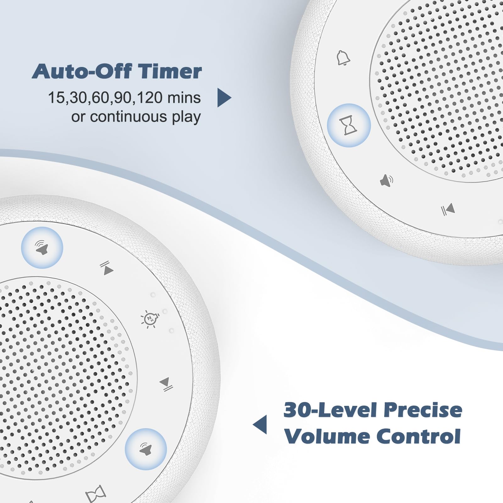 Buffbee 2-in-1 timer and volume controls enabling precise sound schedule.