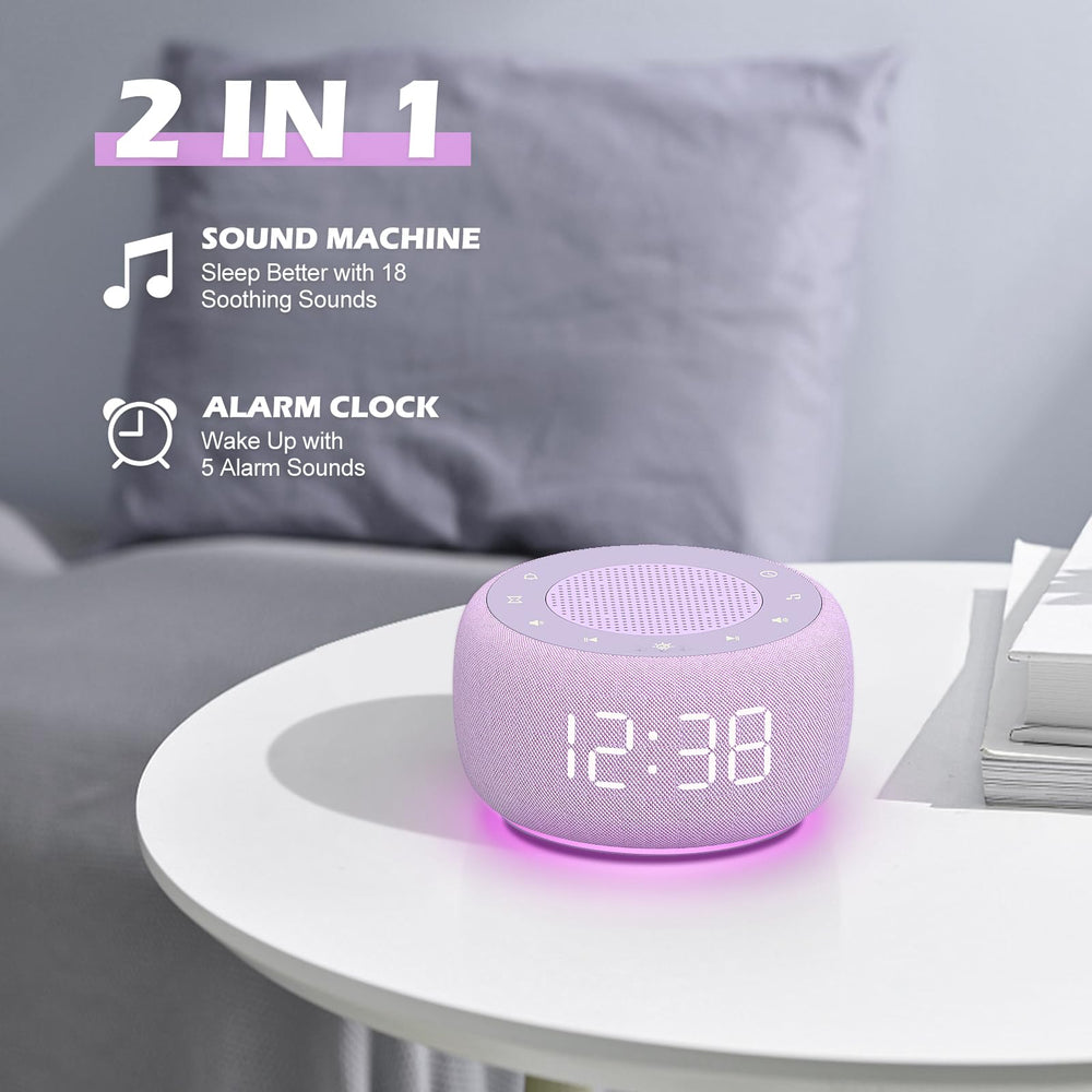 Buffbee sound machine bedside display shows easy wake-up scheduling.