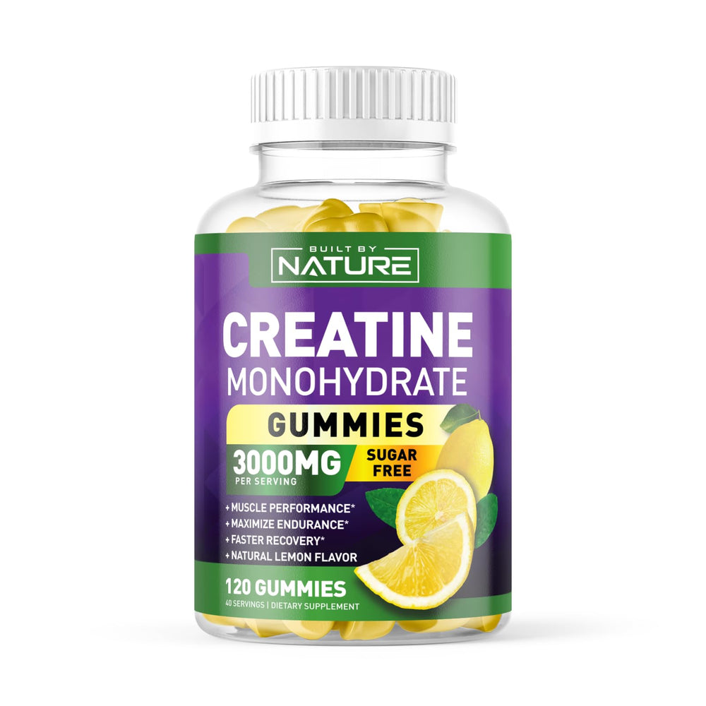 Front view of Built By Nature Sugar Free Creatine Monohydrate Gummies lemon flavor bottle