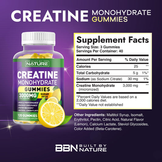 Close-up of lemon-flavored sugar-free creatine monohydrate gummies