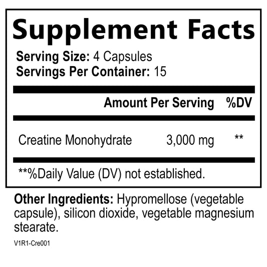 Close-up of micronized creatine monohydrate pills; gluten-free, vegan, non-GMO