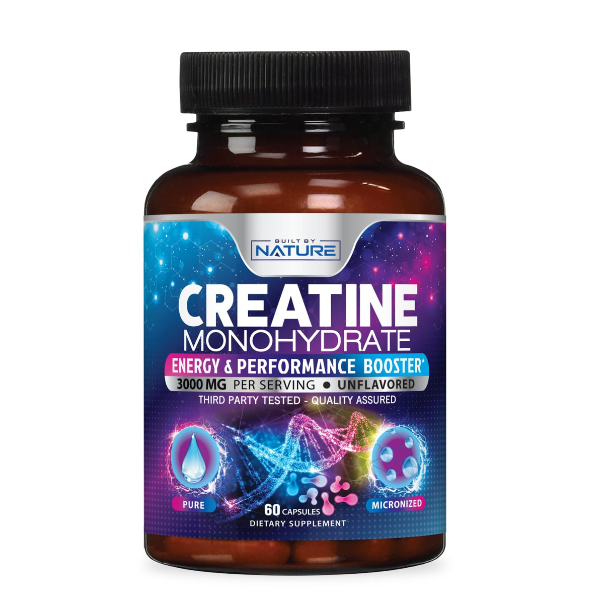 Bottle of Built by Nature Creatine Monohydrate Pills (60 capsules)