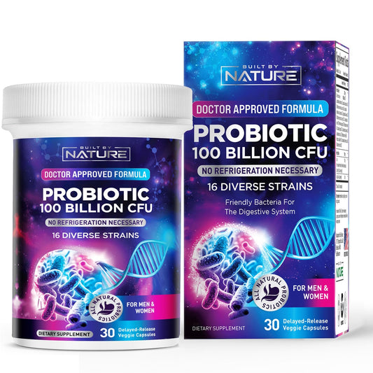 Built by Nature Probiotic bottle featuring 100B CFU with 16 strains