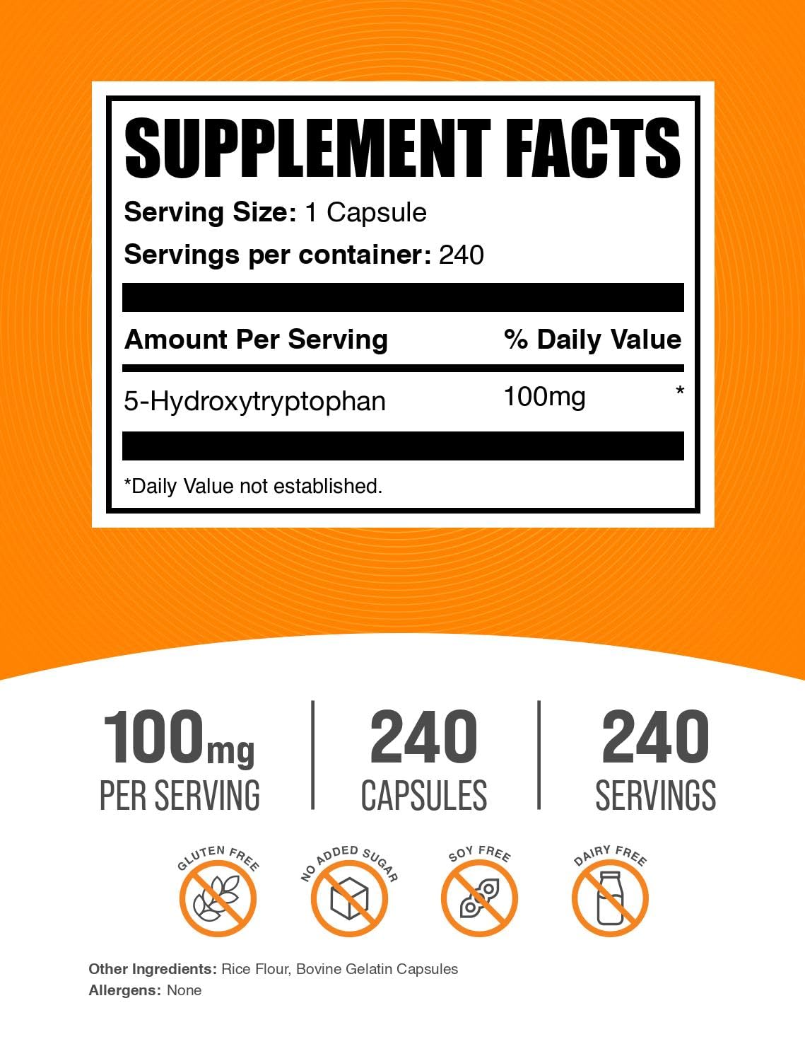 Label detailing gluten-free claim and 5-HTP 100 mg per capsule