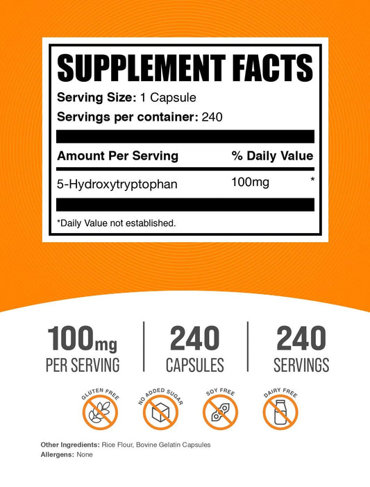 Label detailing gluten-free claim and 5-HTP 100 mg per capsule