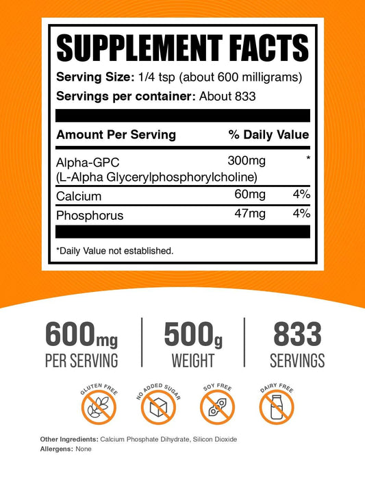 Nutrition facts label for Alpha GPC Powder 500g