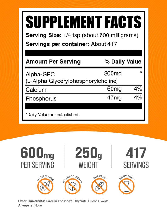 Alpha GPC powder in 250 g container, gluten-free and soy-free