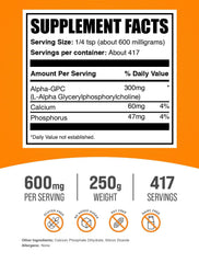 Alpha GPC powder in 250 g container, gluten-free and soy-free