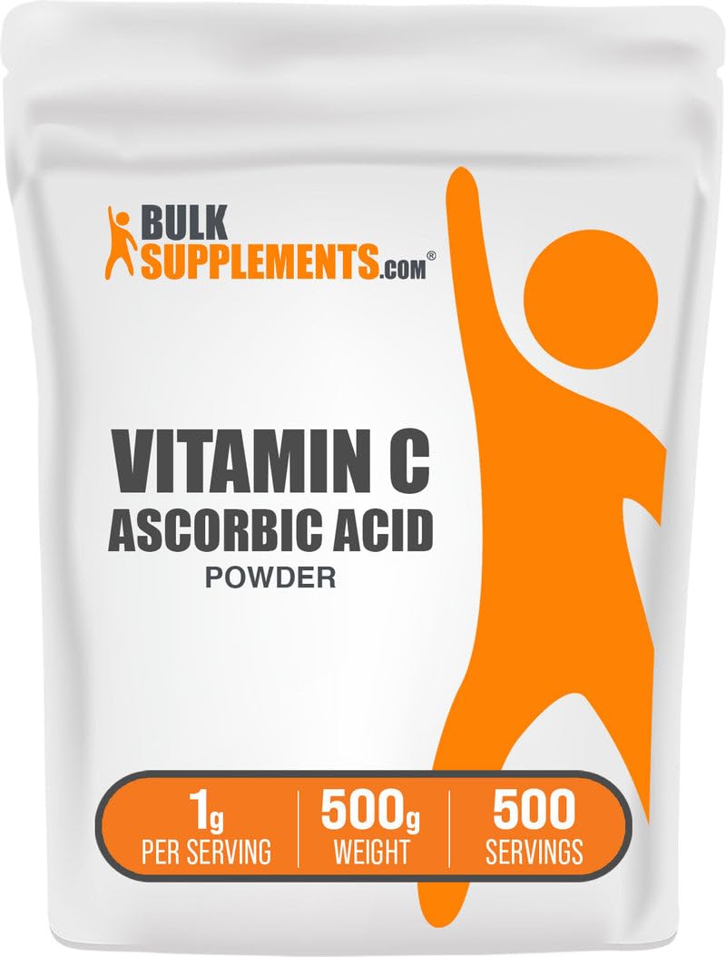 Front view of BulkSupplements Ascorbic Acid Powder 500g packaging