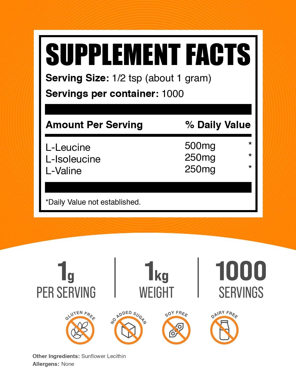 Unflavored BCAA 2:1:1 powder gluten-free label for 1kg package