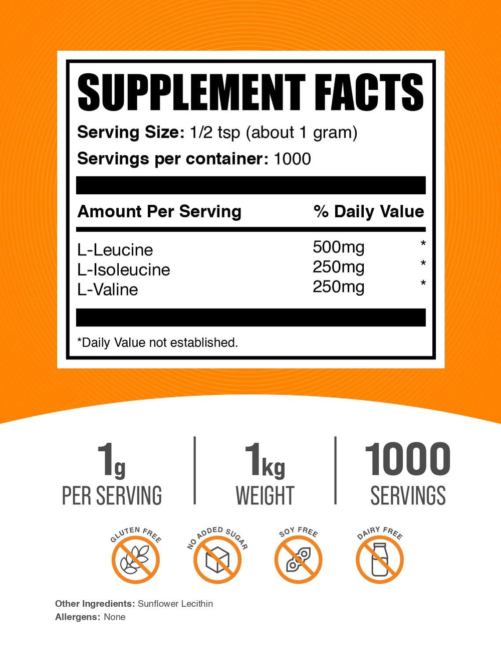 Unflavored BCAA 2:1:1 powder gluten-free label for 1kg package