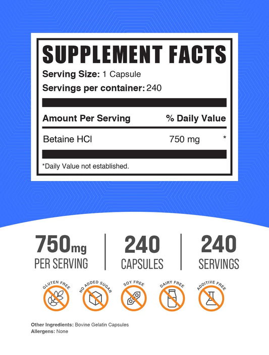 Close-up of Betaine HCl capsules highlighting 750mg dosage