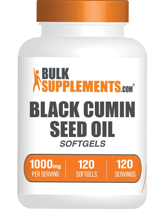 Bottle of BulkSupplements Black Cumin Seed Oil Softgels, 120 count