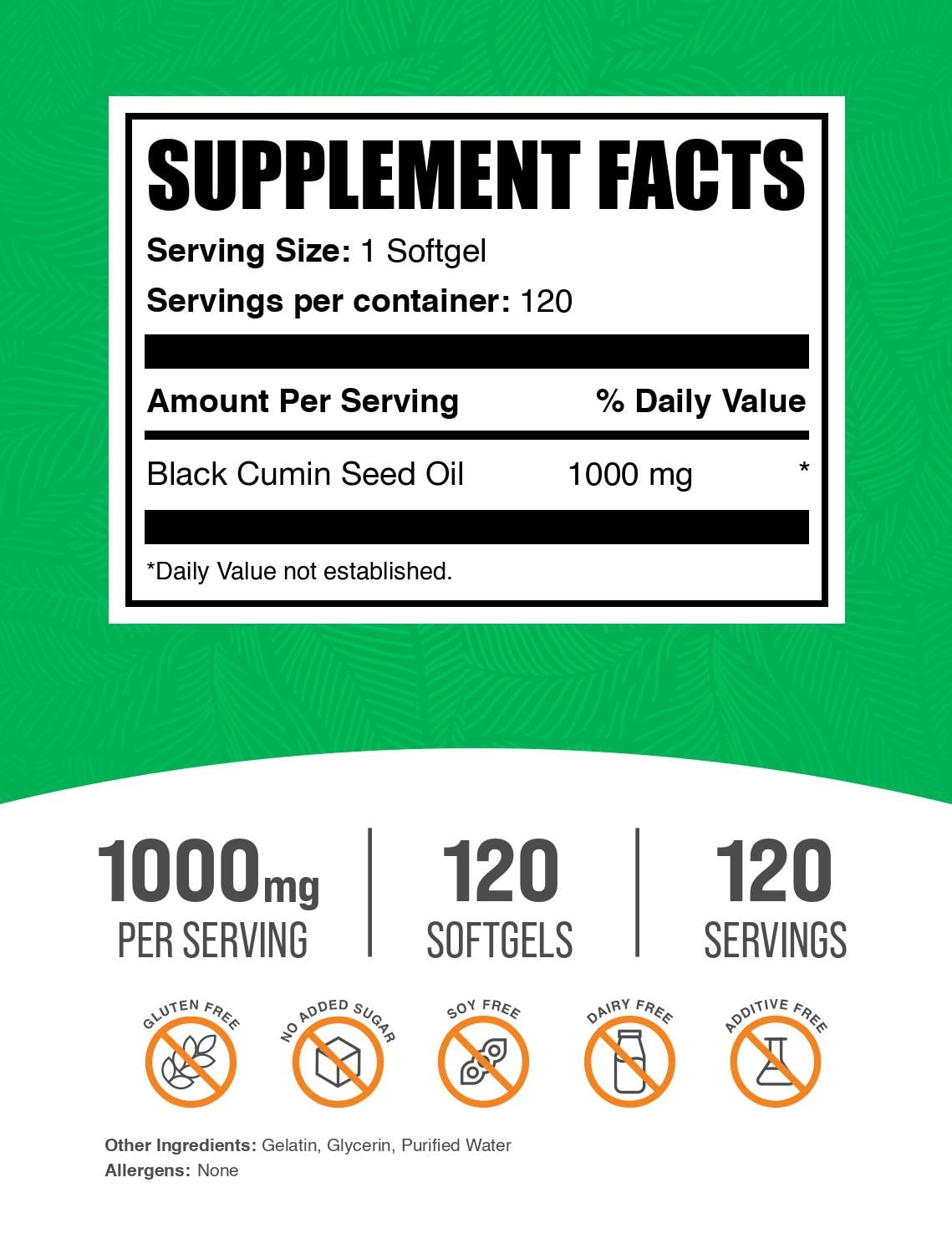 Gluten-free Black Cumin Seed Oil Softgel ingredients on label