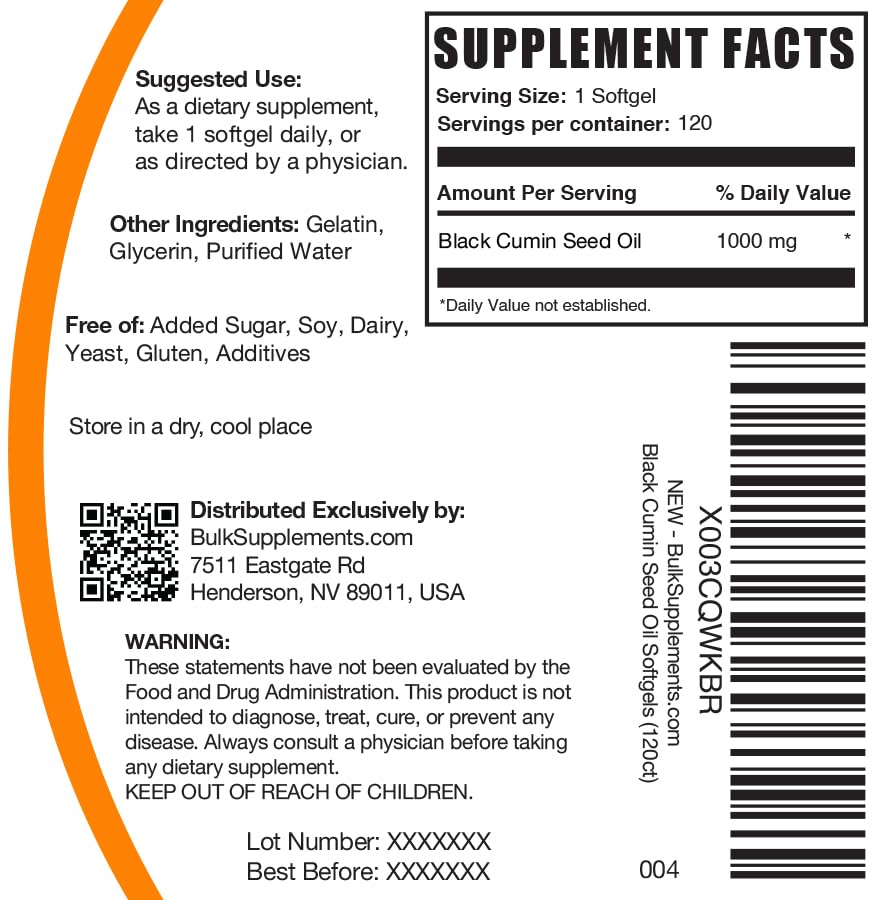 Supplement facts panel for BulkSupplements Black Cumin Seed Oil Softgels