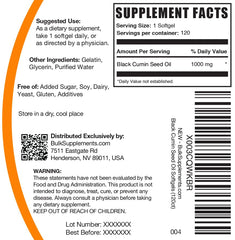 Supplement facts panel for BulkSupplements Black Cumin Seed Oil Softgels