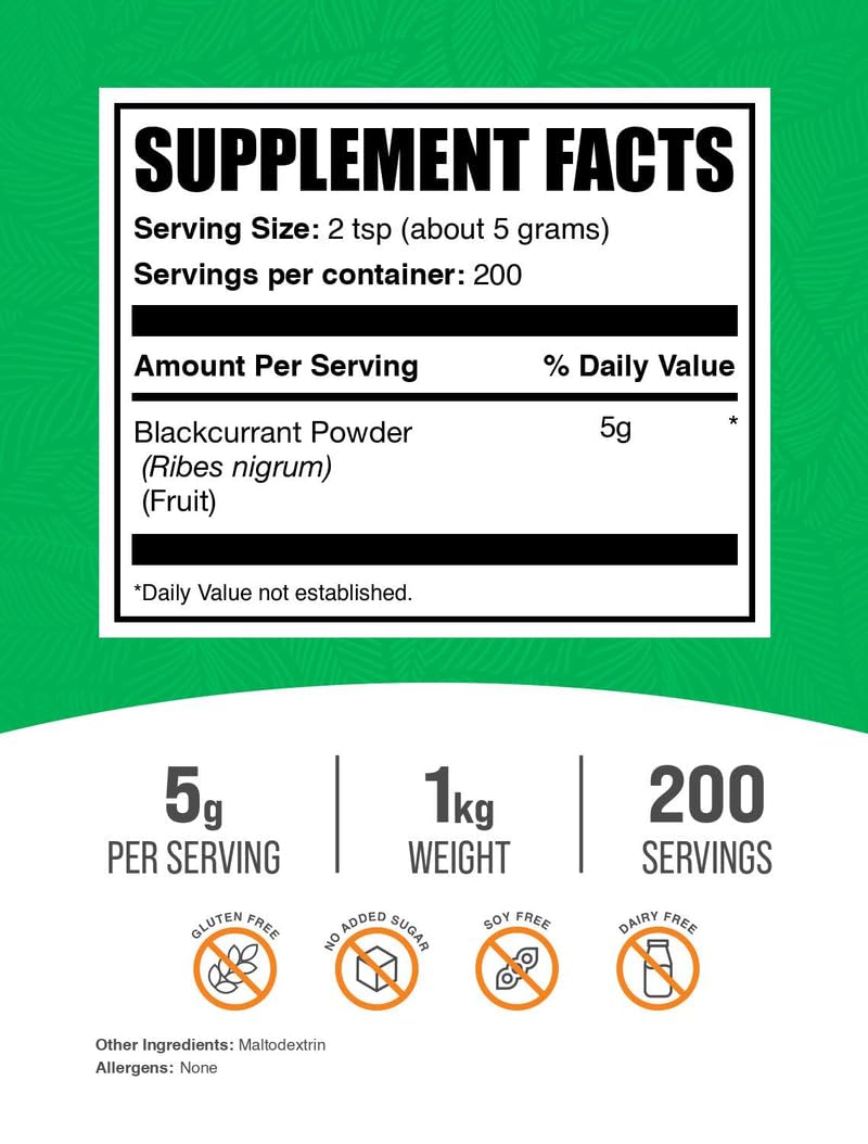 BulkSupplements Blackcurrant Powder 1kg packaging back/label view