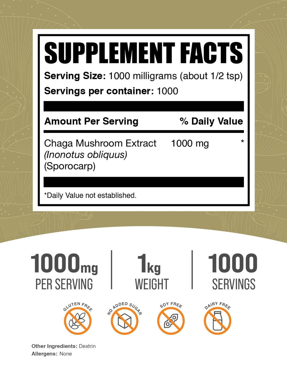 gluten-free chaga mushroom powder supplement label