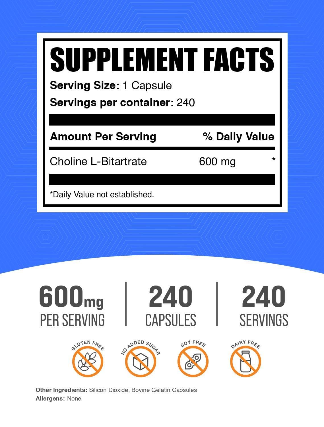 Choline L-Bitartrate capsules serving size two capsules close-up