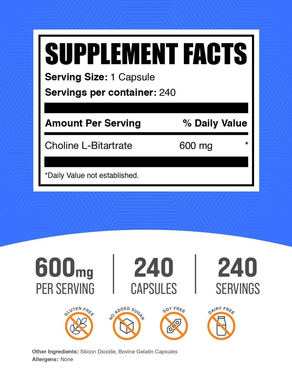 Choline L-Bitartrate capsules serving size two capsules close-up