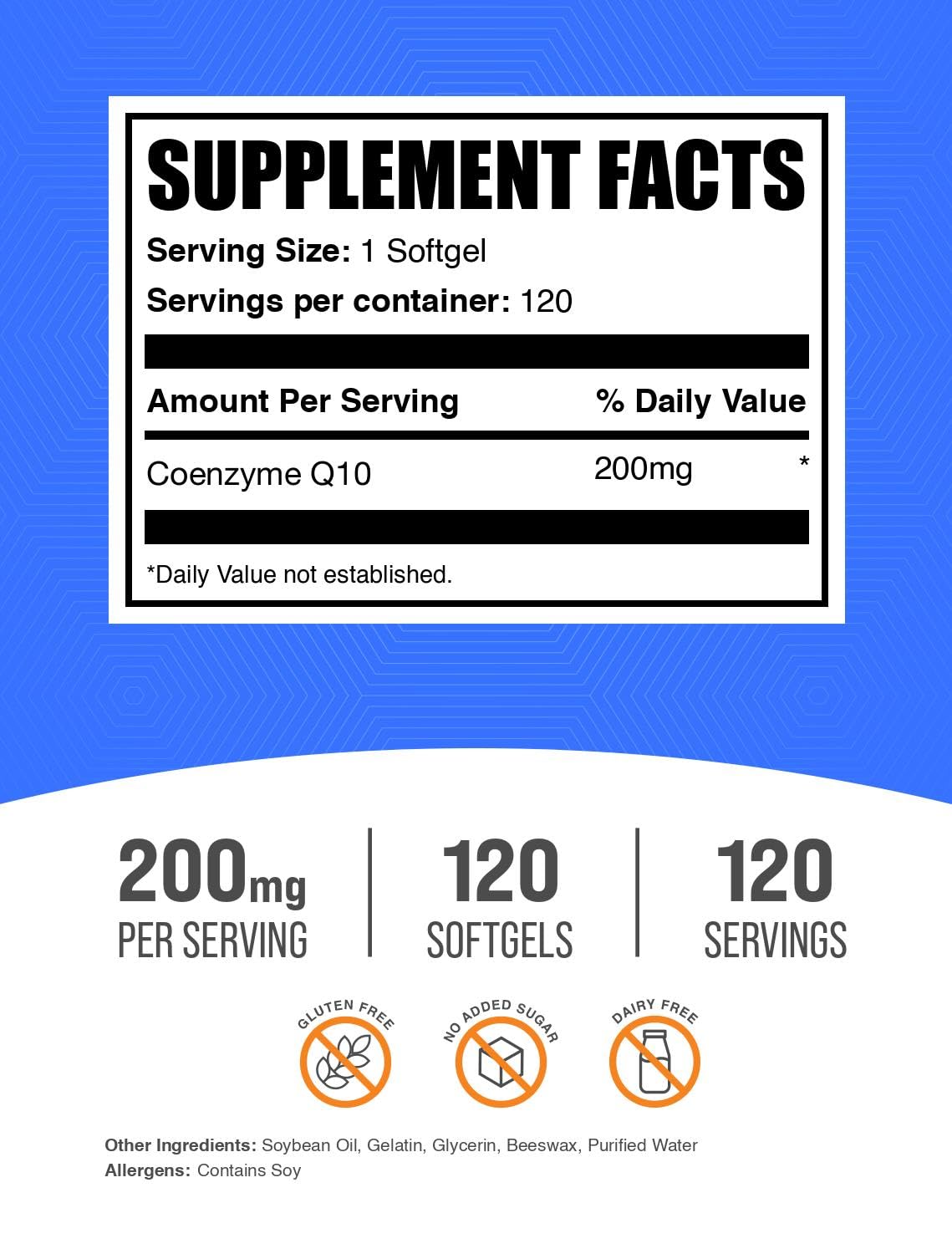 CoQ10 200mg softgels packaging with gluten-free claim