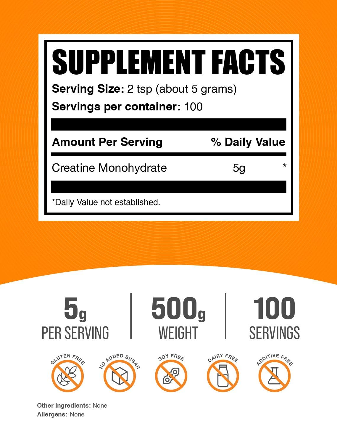 Back of BulkSupplements Creatine Monohydrate 500g container with nutrition facts