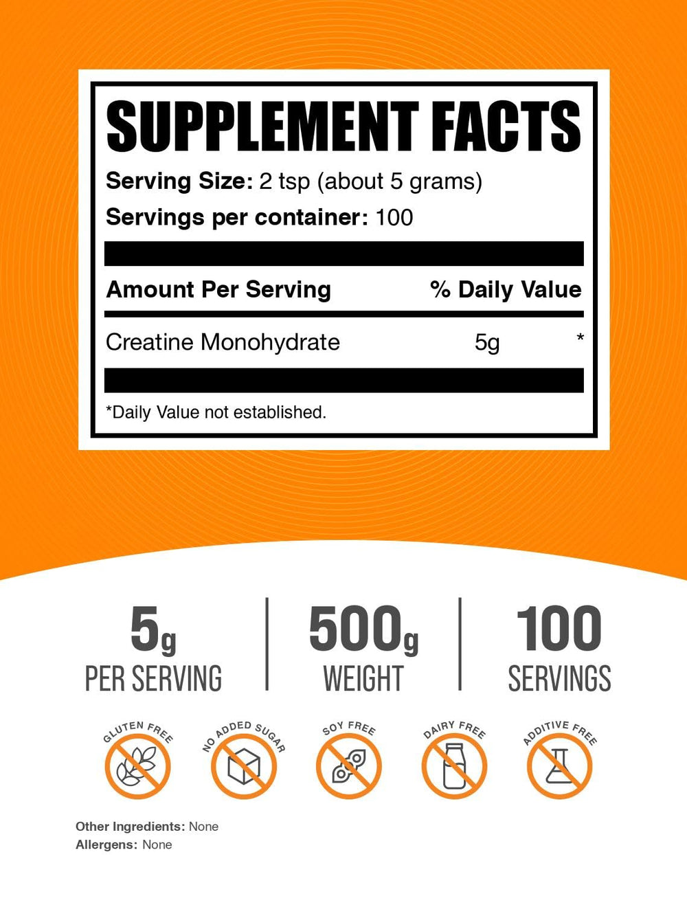Back of BulkSupplements Creatine Monohydrate 500g container with nutrition facts
