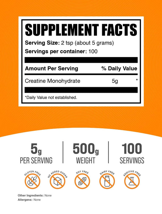 Back of BulkSupplements Creatine Monohydrate 500g container with nutrition facts