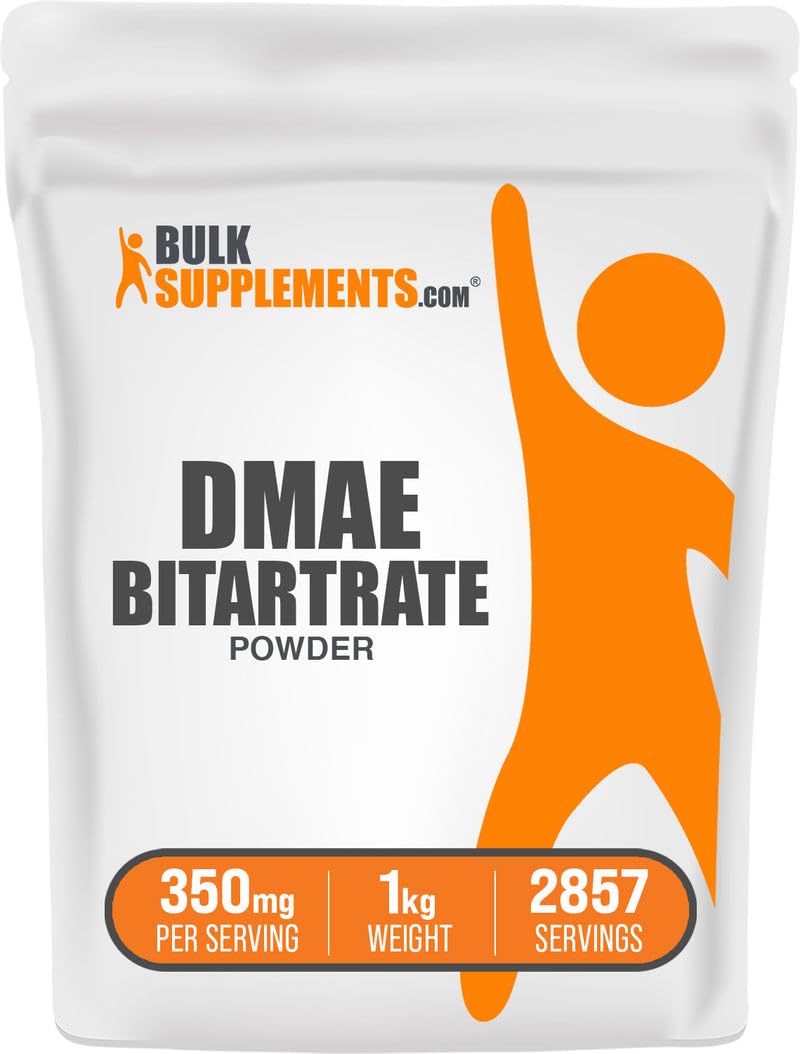 Bottle of BulkSupplements DMAE Bitartrate Powder 1kg, unflavored and gluten-free