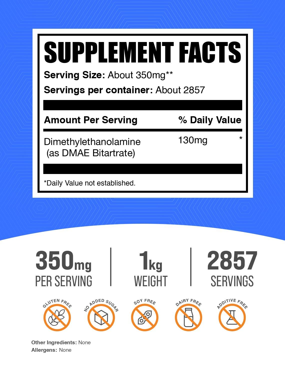 Serving scoop showing 350 mg DMAE per serving for DMAE Bitartrate powder