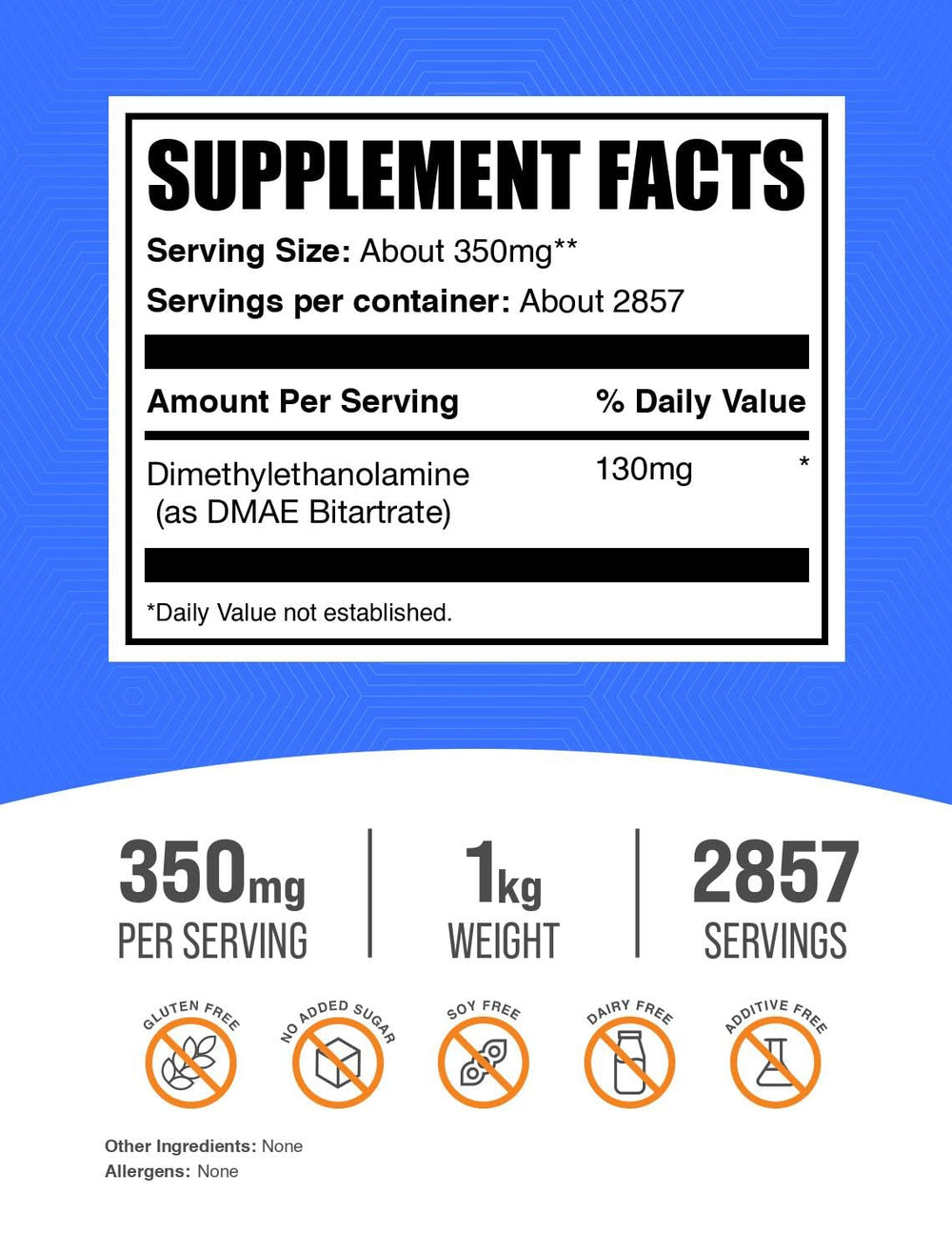 Serving scoop showing 350 mg DMAE per serving for DMAE Bitartrate powder