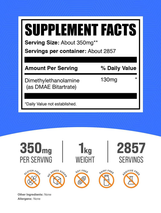 Serving scoop showing 350 mg DMAE per serving for DMAE Bitartrate powder