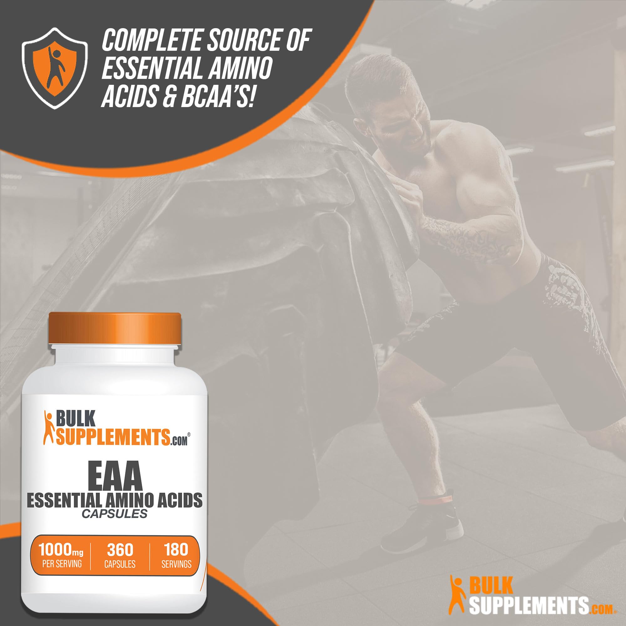 Back label showing ingredients for EAA capsules (EAAs).