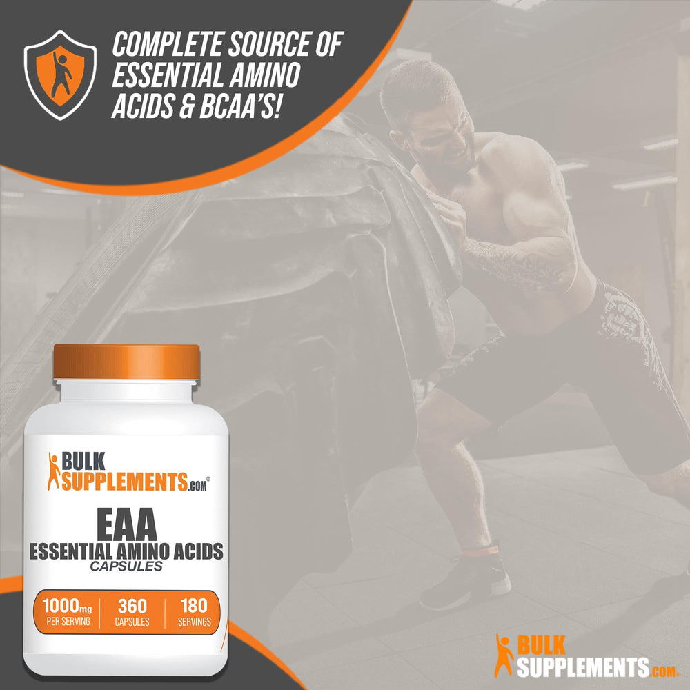 Back label showing ingredients for EAA capsules (EAAs).