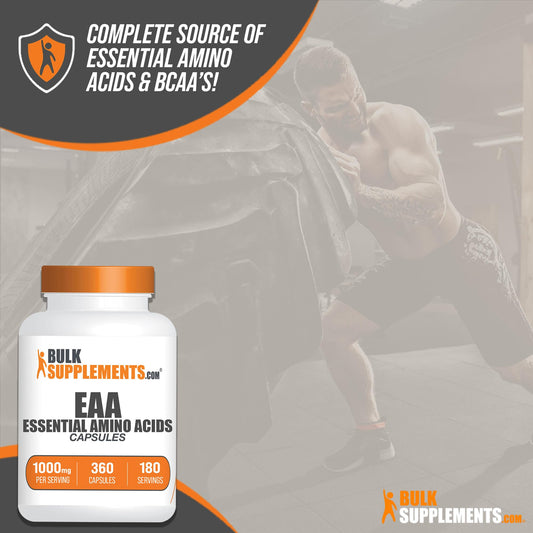 Back label showing ingredients for EAA capsules (EAAs).