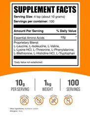 Back label with ingredients and nutrition of Essential Amino Acids Powder 1 kg