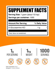 Front view of 1kg container of Glucosamine HCl powder