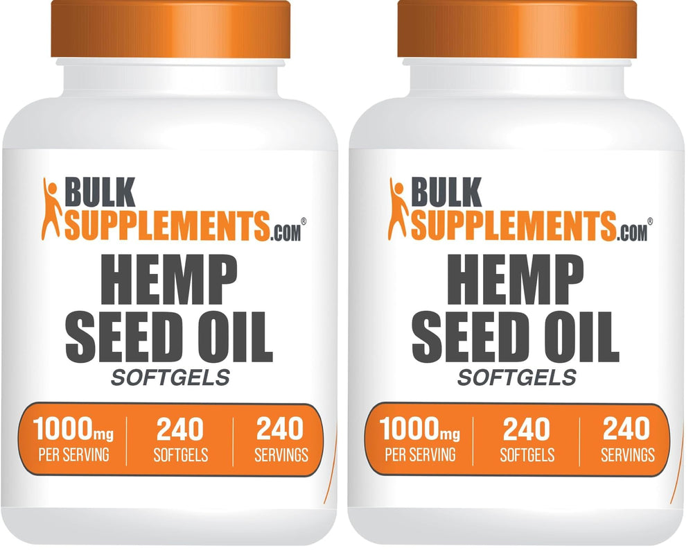 Front view of BulkSupplements Hemp Seed Oil Softgels 1000mg bottle