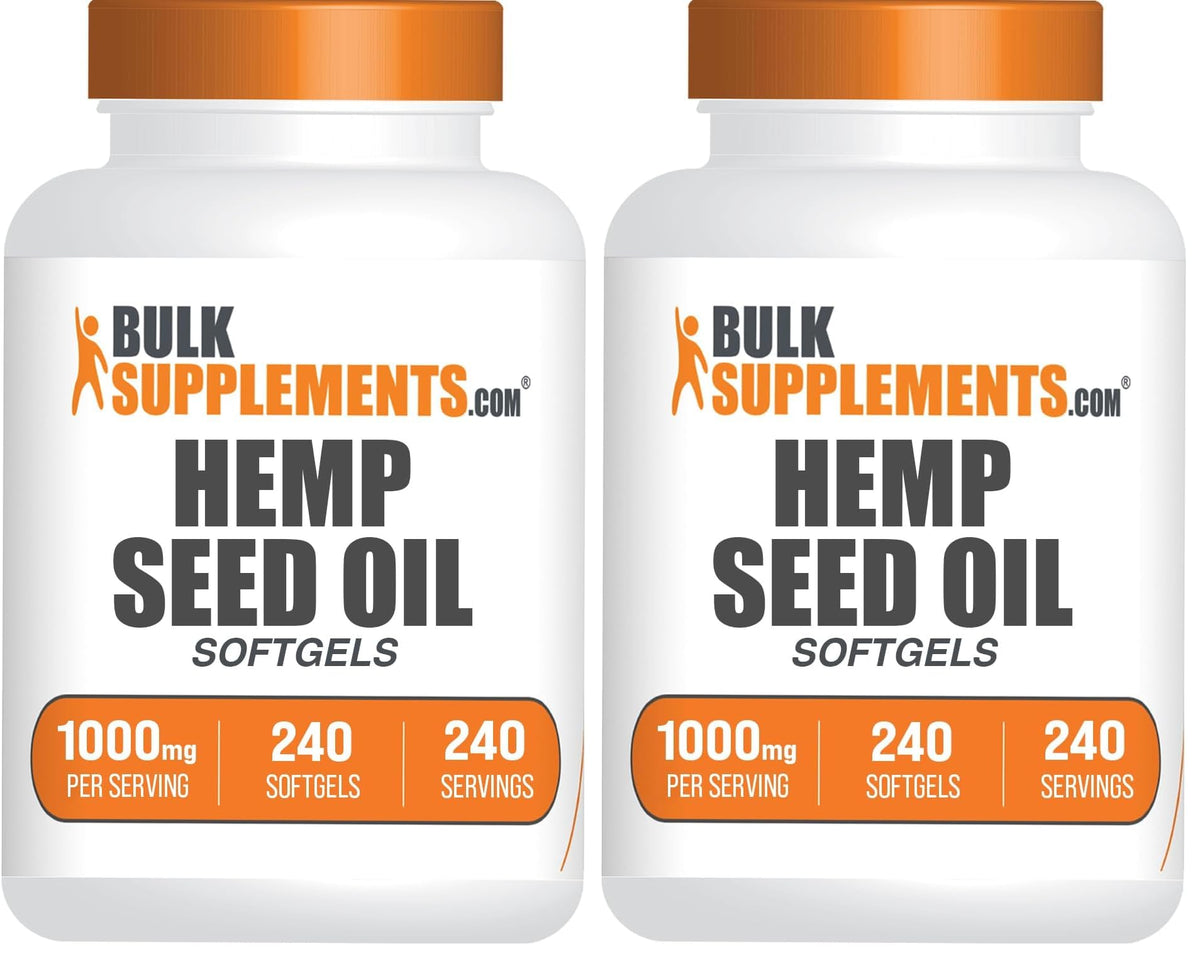 Front view of BulkSupplements Hemp Seed Oil Softgels 1000mg bottle
