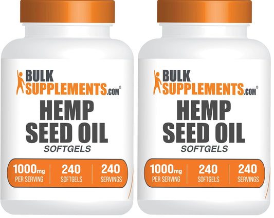 Front view of BulkSupplements Hemp Seed Oil Softgels 1000mg bottle