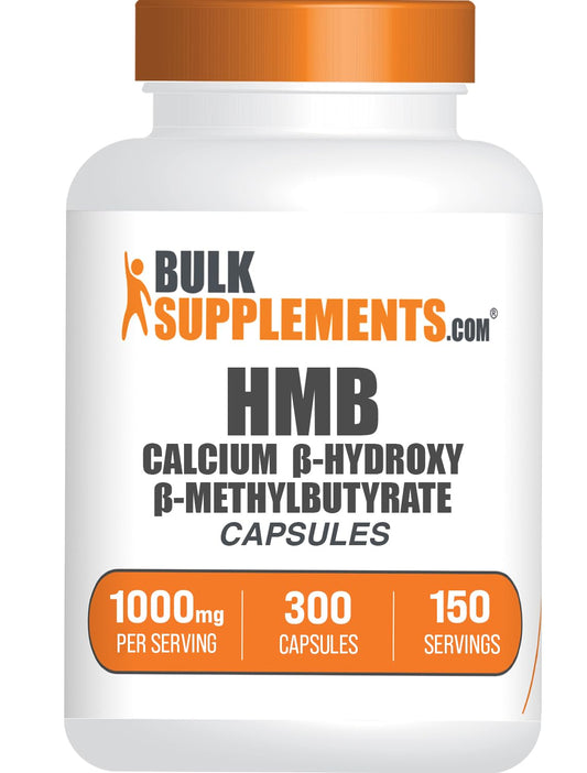 Hero image of BulkSupplements HMB Capsules bottle showing 300 count and 1000mg per serving.