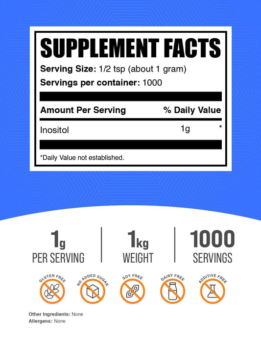 Inositol powder bottle label with ingredient details