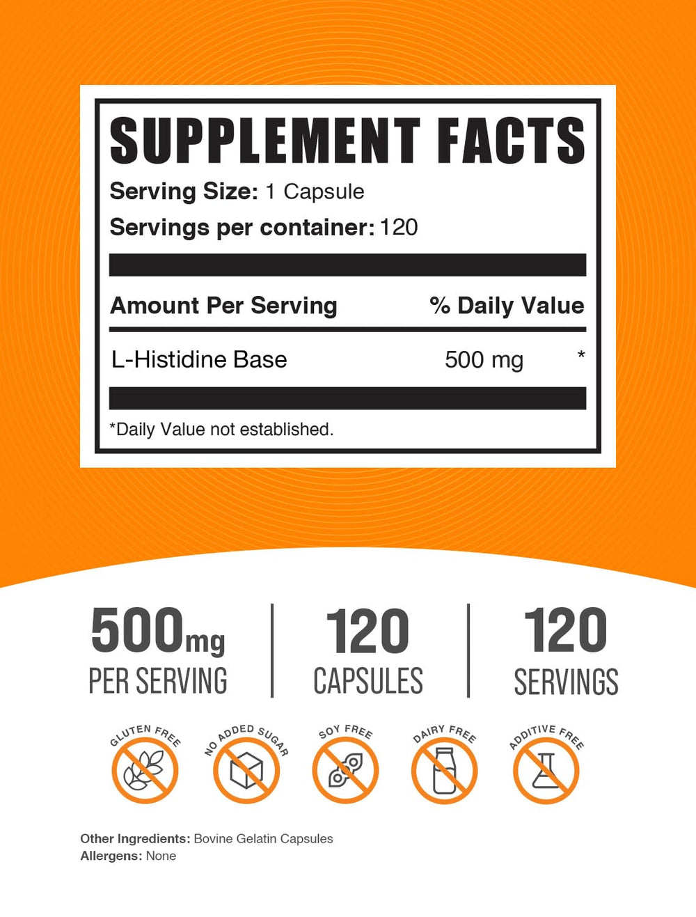 Close-up of L-Histidine capsules showing 500 mg per capsule